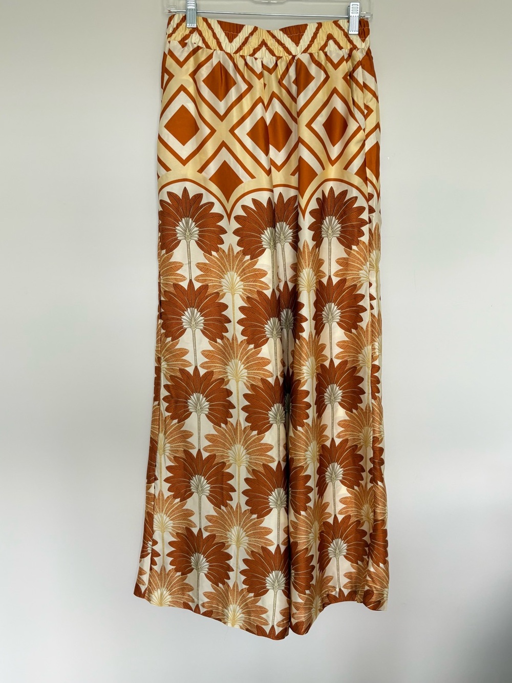 Dressforum Retro Print Wide Leg Elastic Waist Pants Orange Tan Size M